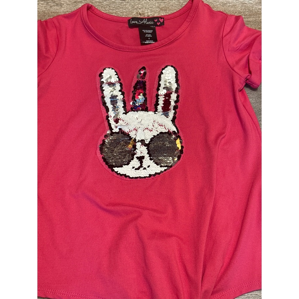 Love Alexa Girls Pink Sequin Bunny Unicorn Horn Front Tie Graphic‎ Tee Size 5